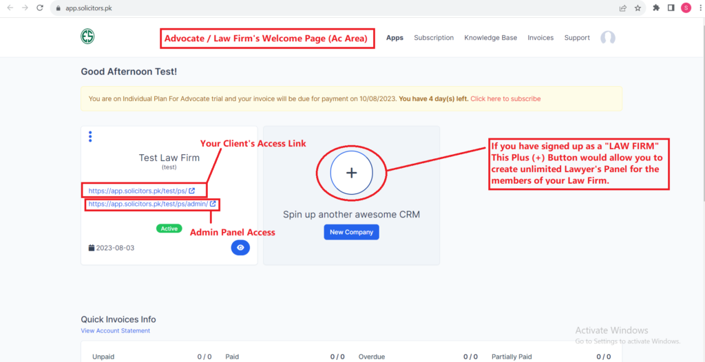 Admin - Lawyer's panel account area welcome page - solicitors.pk